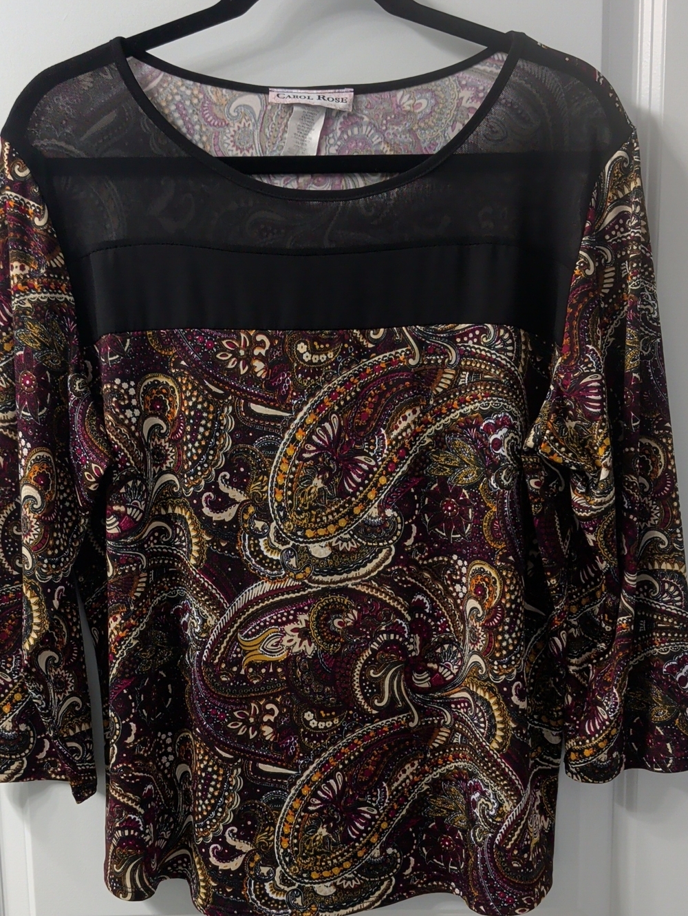 Carol Rose Black Paisley Long Sleeve Blouse with Sheer Yoke